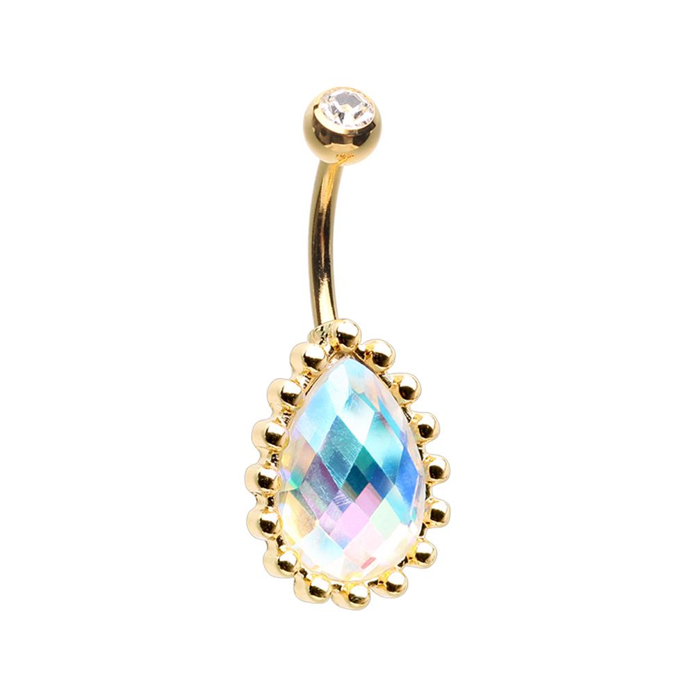 Gold Tone Iridescent Aurora Borealis Crystal Teardrop Belly Button Ring - Stainless Steel