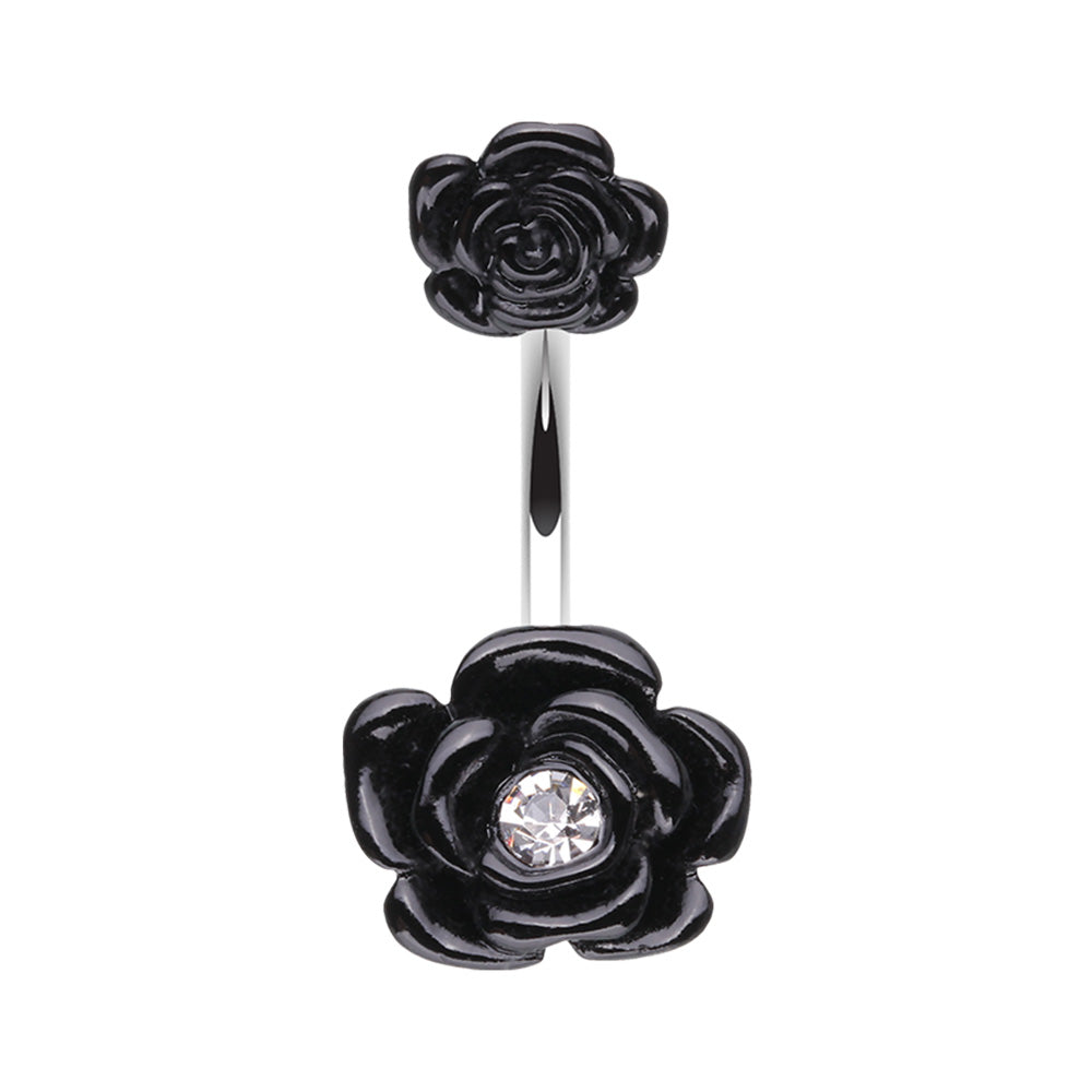 CZ Crystal Black Double Rose Belly Button Ring - Stainless Steel