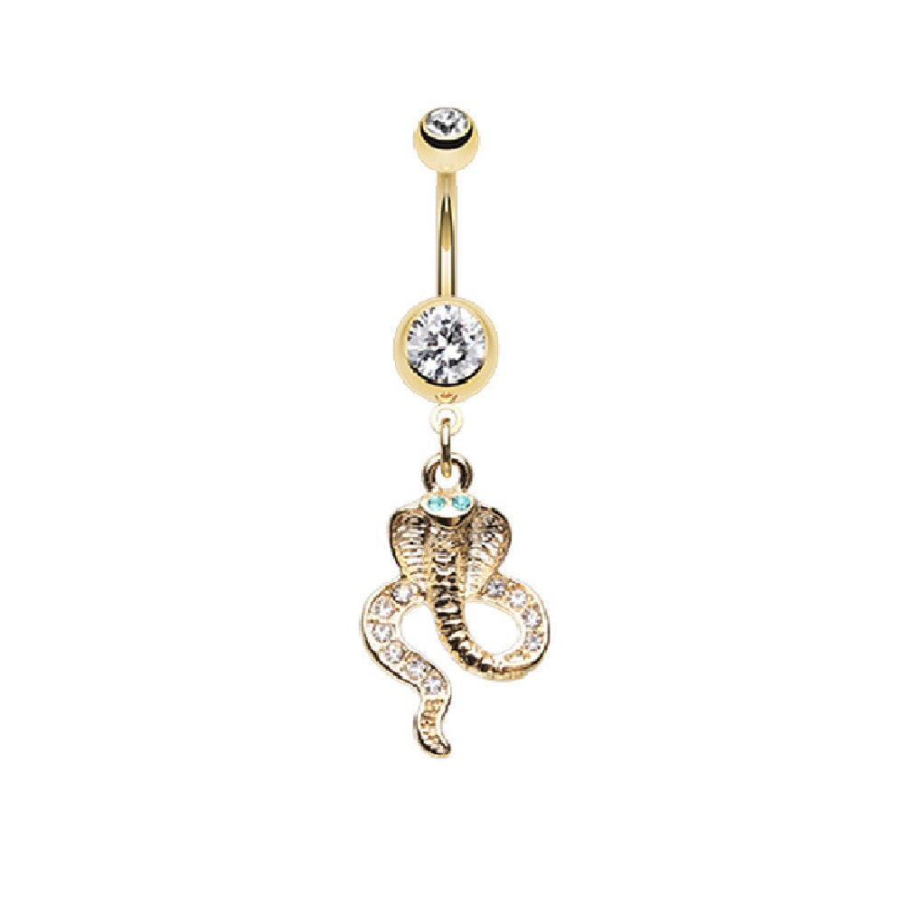 Dangling Jeweled Eye Cobra Snake and CZ Crystal Belly Button Ring - Stainless Steel