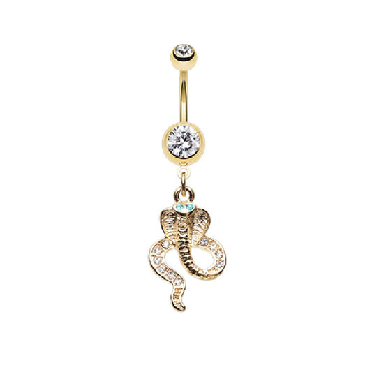 Dangling Jeweled Eye Cobra Snake and CZ Crystal Belly Button Ring - Stainless Steel