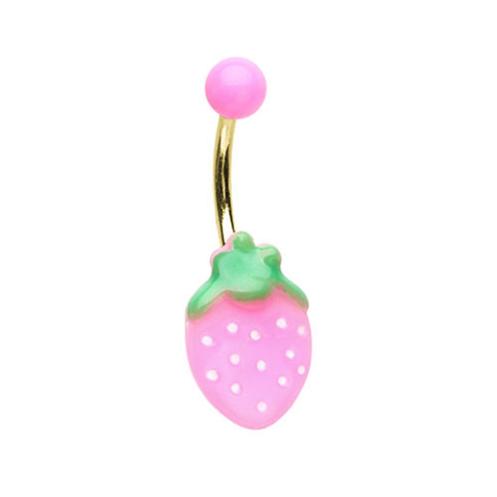 Pink Glittering Strawberry Belly Button Ring - Gold Plated Stainless Steel