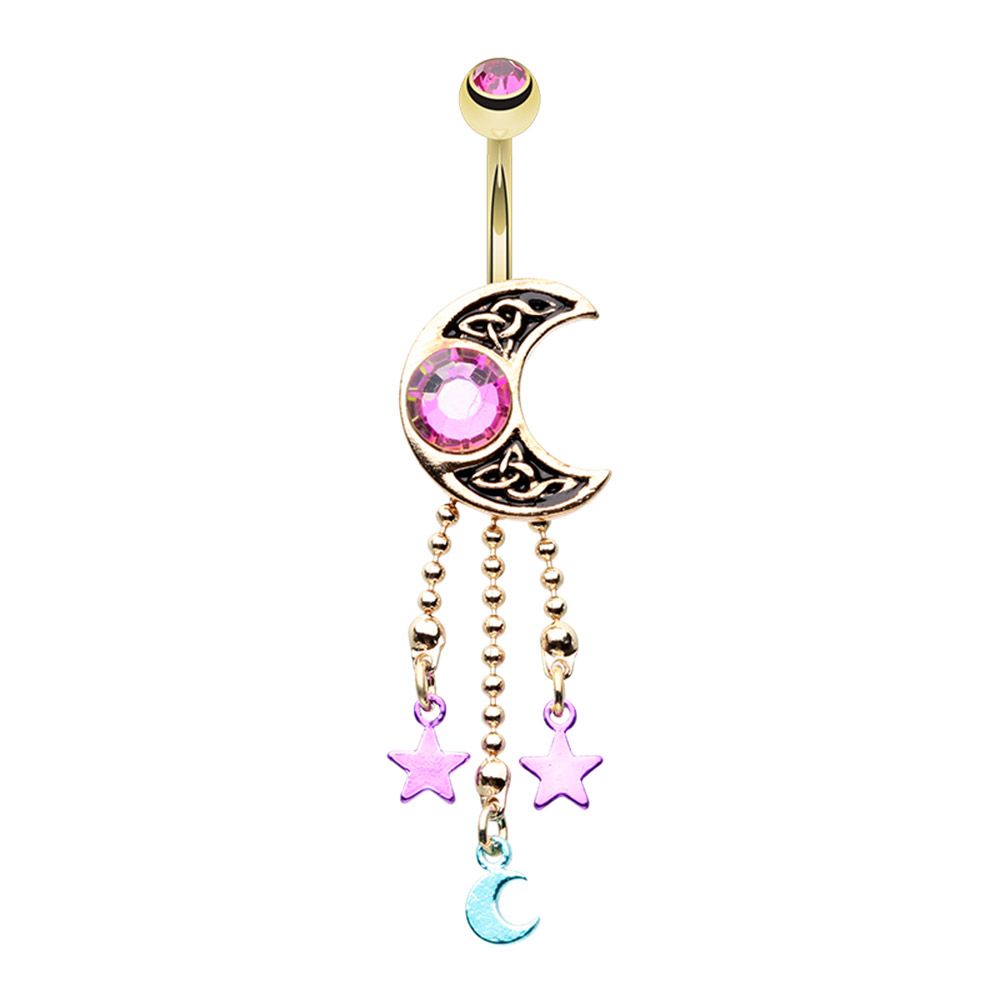 Pink CZ Crystal Crescent Celtic Moon Dangling Chains Belly Button Ring - Gold Plated Stainless Steel