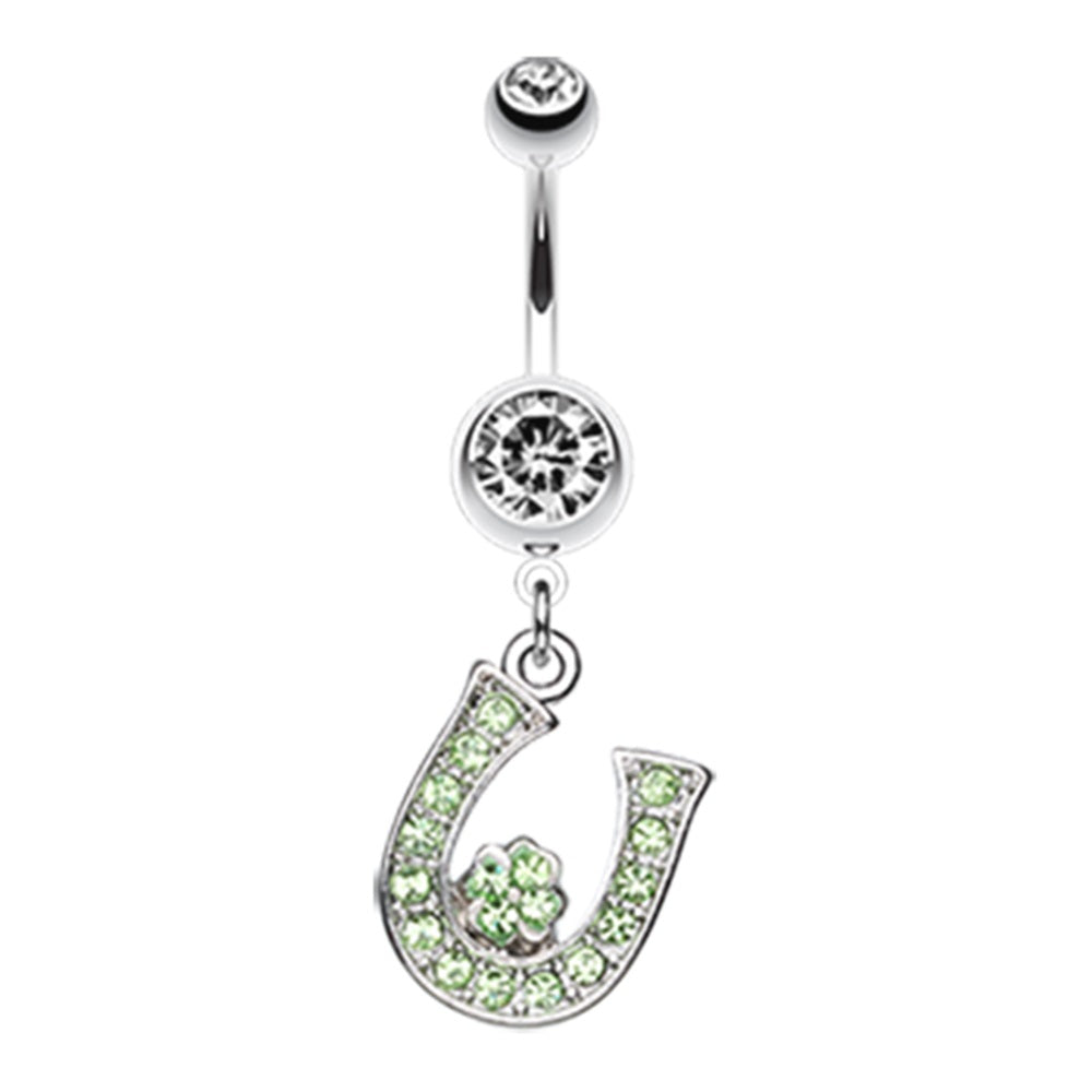 Green CZ Crystal Horseshoe with Four Leaf Clover Dangling Belly Button Ring - 316L Stainless Steel