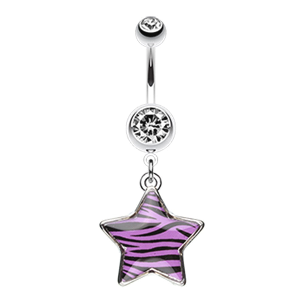 CZ Crystal Zebra Star Dangling Belly Button Ring - Stainless Steel