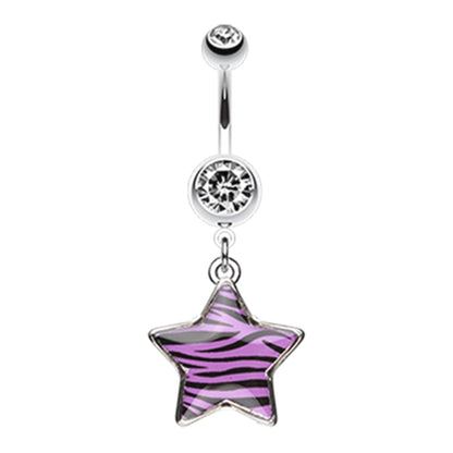 CZ Crystal Zebra Star Dangling Belly Button Ring - Stainless Steel