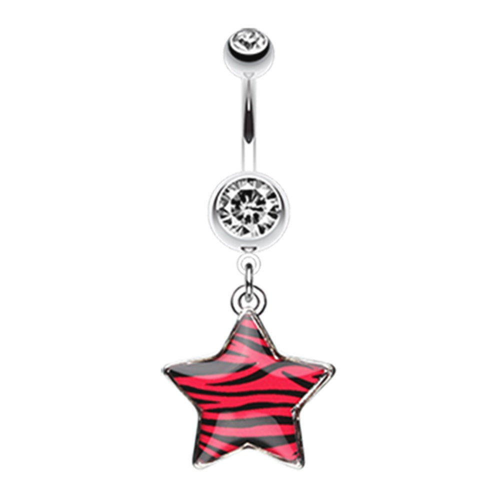 CZ Crystal Zebra Star Dangling Belly Button Ring - Stainless Steel