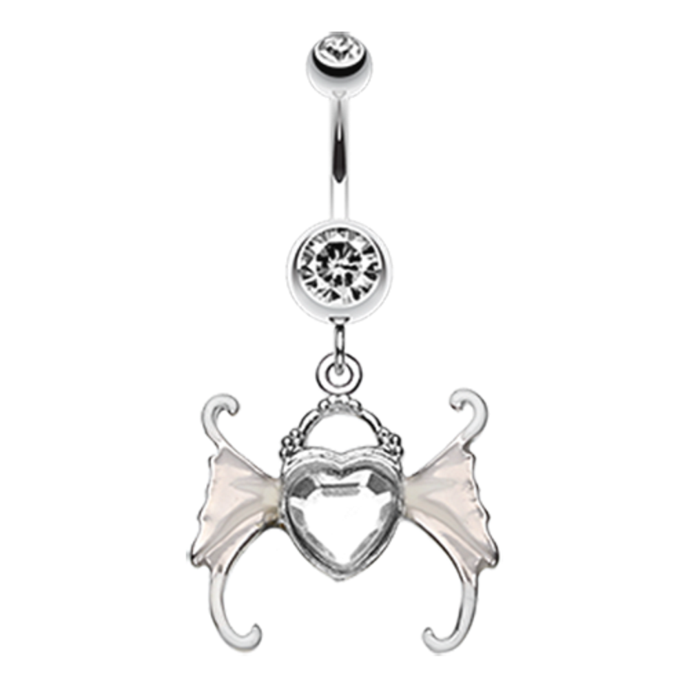 CZ Crystal Heart with Wings Dangling Belly Button Ring - Stainless Steel