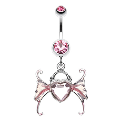 CZ Crystal Heart with Wings Dangling Belly Button Ring - Stainless Steel