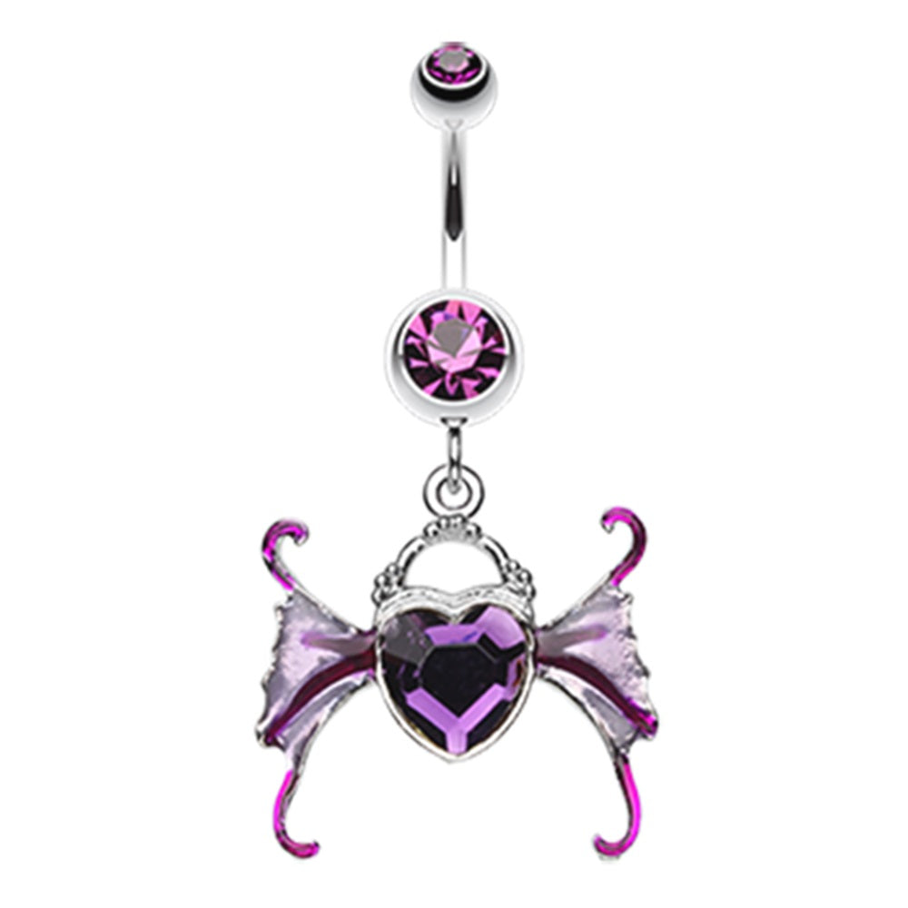 CZ Crystal Heart with Wings Dangling Belly Button Ring - Stainless Steel