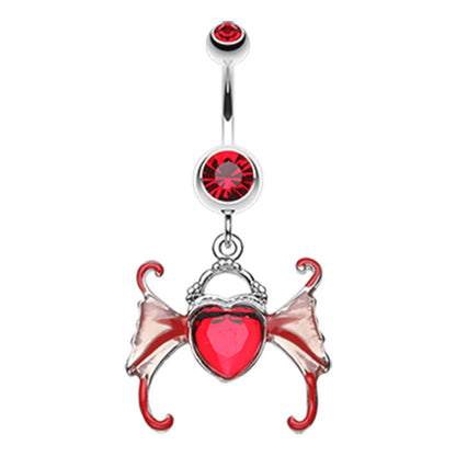 CZ Crystal Heart with Wings Dangling Belly Button Ring - Stainless Steel