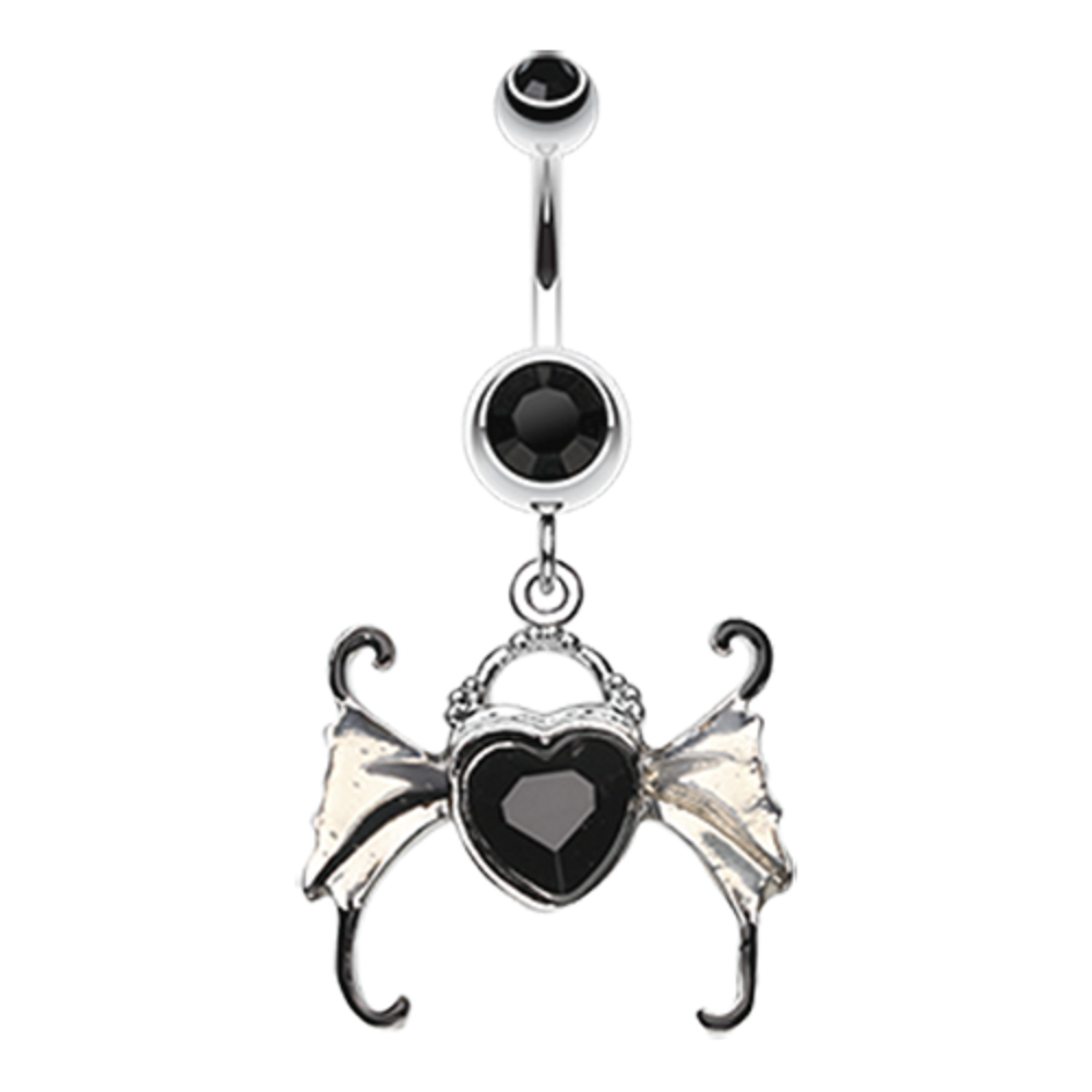 CZ Crystal Heart with Wings Dangling Belly Button Ring - Stainless Steel