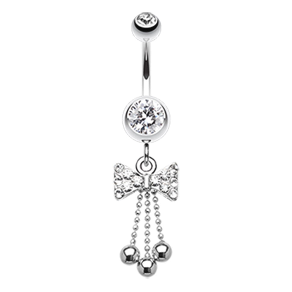 CZ Crystal Bow with Dangling Chains Belly Button Ring - Stainless Steel