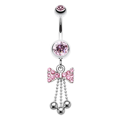 CZ Crystal Bow with Dangling Chains Belly Button Ring - Stainless Steel