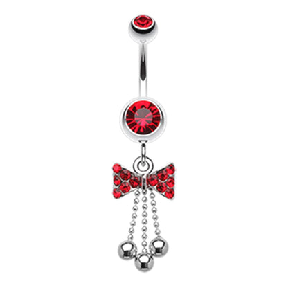 CZ Crystal Bow with Dangling Chains Belly Button Ring - Stainless Steel