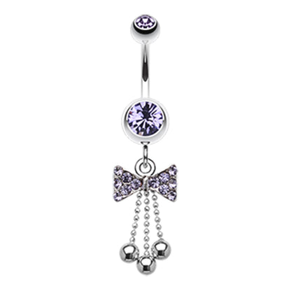 CZ Crystal Bow with Dangling Chains Belly Button Ring - Stainless Steel