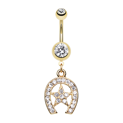 CZ Crystal Gold Star Lucky Horseshoe Dangling Belly Button Ring - Gold Plated Stainless Steel