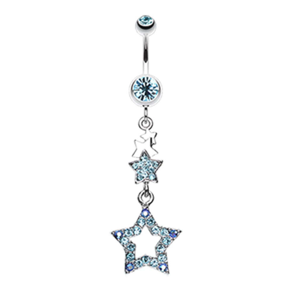 CZ Crystal Layered Star Sparkling Dangling Belly Button Ring - Stainless Steel