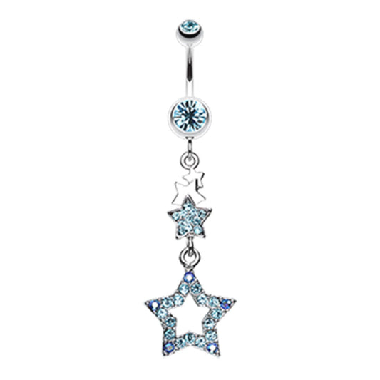 CZ Crystal Layered Star Sparkling Dangling Belly Button Ring - Stainless Steel