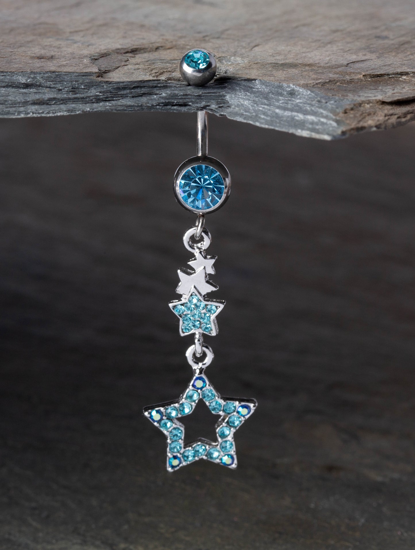 CZ Crystal Layered Star Sparkling Dangling Belly Button Ring - Stainless Steel