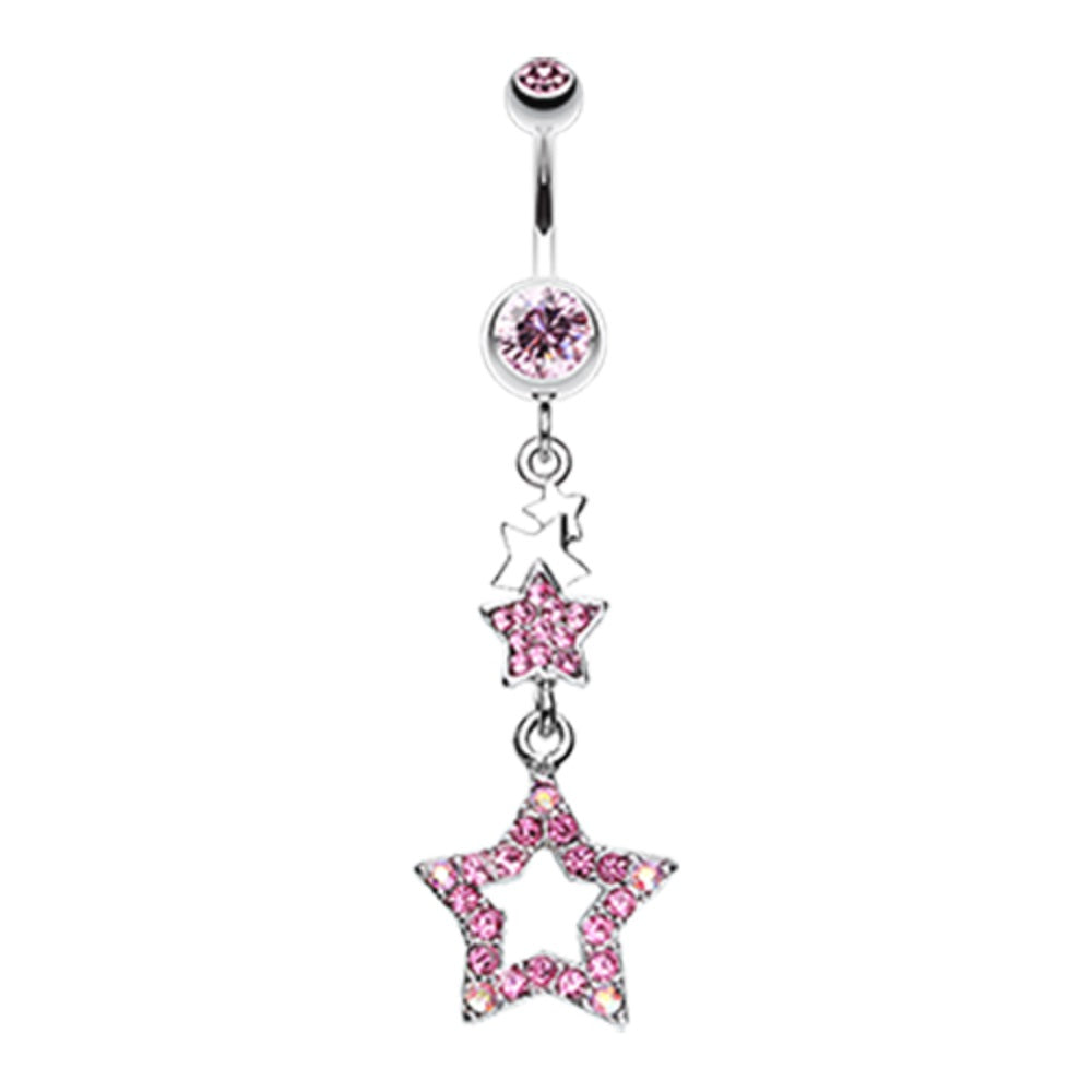 CZ Crystal Layered Star Sparkling Dangling Belly Button Ring - Stainless Steel