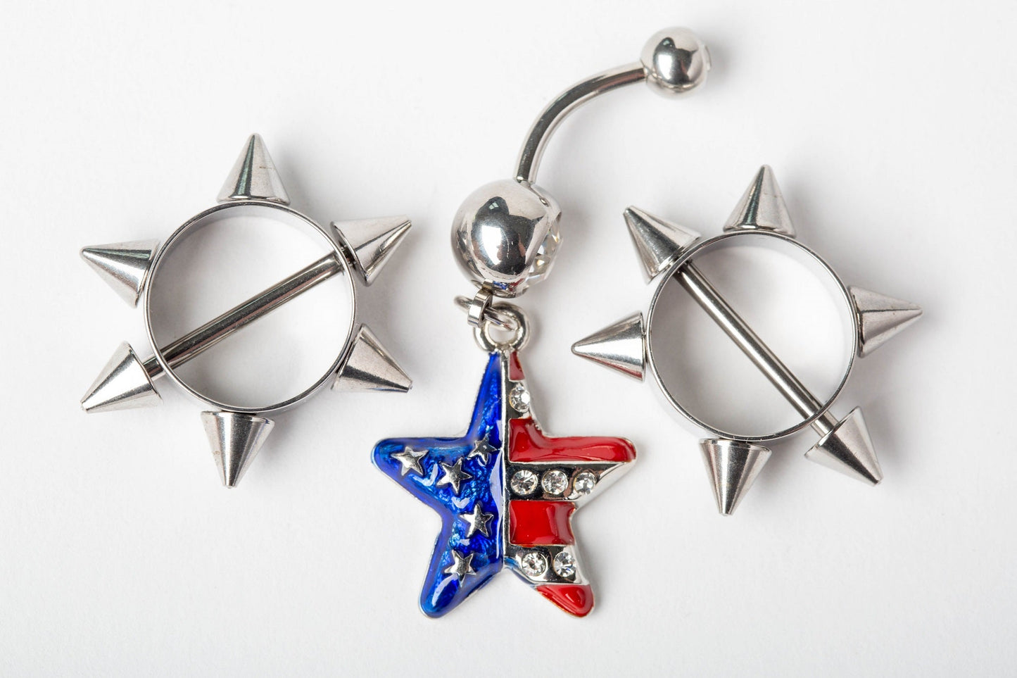 CZ Crystal American Flag Star Dangling Belly Button Ring - Stainless Steel