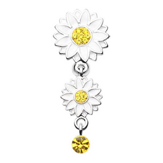 CZ Crystal Double Sunflower Reverse Top Down Dangling Belly Button Ring - Stainless Steel