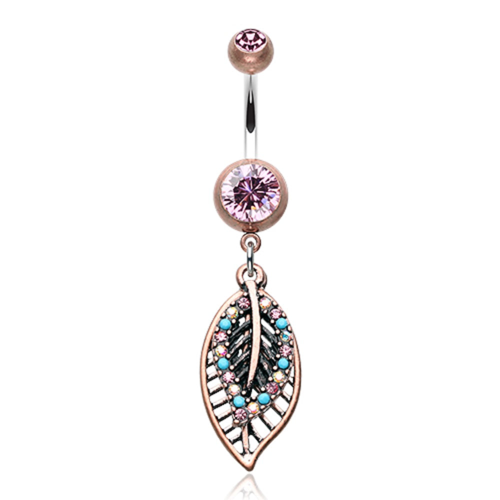 Dangling CZ Crystal Vintage Boho Ornate Leaflets Belly Button Ring - Stainless Steel