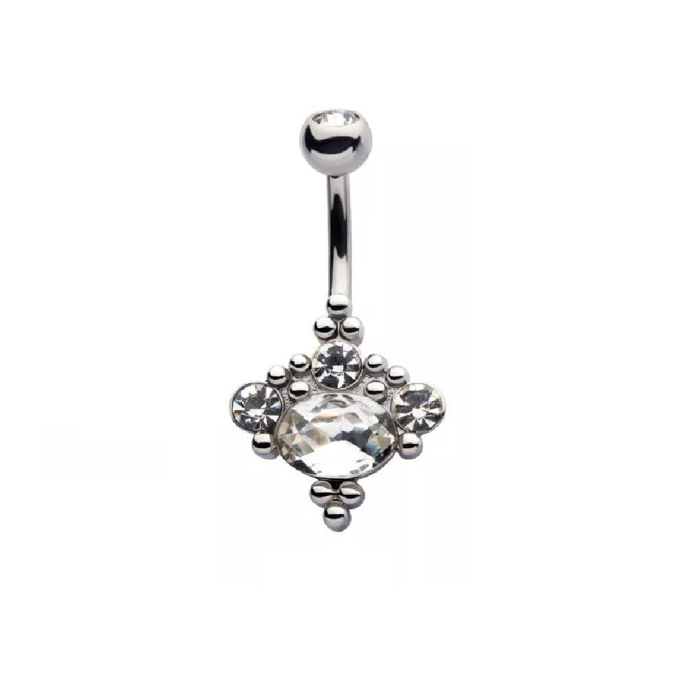 Clustered CZ Crystals and Beads Fixed Belly Button Ring - 316L Stainless Steel
