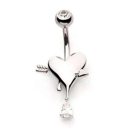 Dripping CZ Crystal Heart Belly Button Ring - 316L Stainless Steel