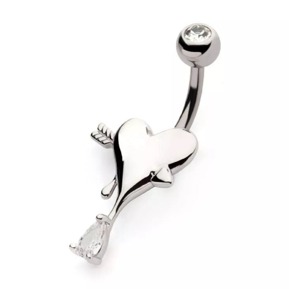 Dripping CZ Crystal Heart Belly Button Ring - 316L Stainless Steel