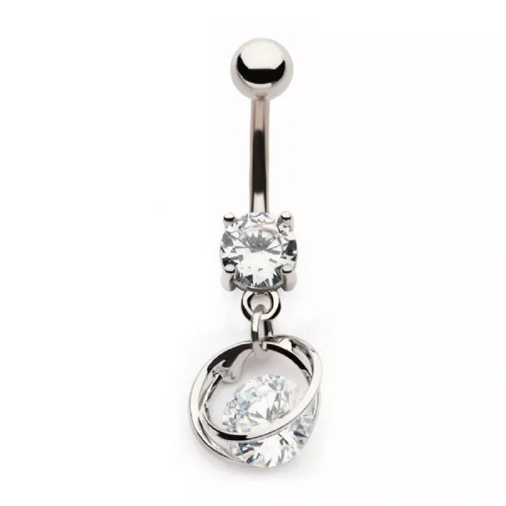 CZ Crystal with Intertwined Rings Dangling Belly Button Ring - 316L Stainless Steel