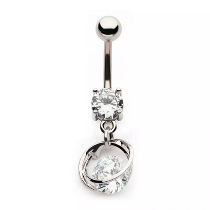 CZ Crystal with Intertwined Rings Dangling Belly Button Ring - 316L Stainless Steel