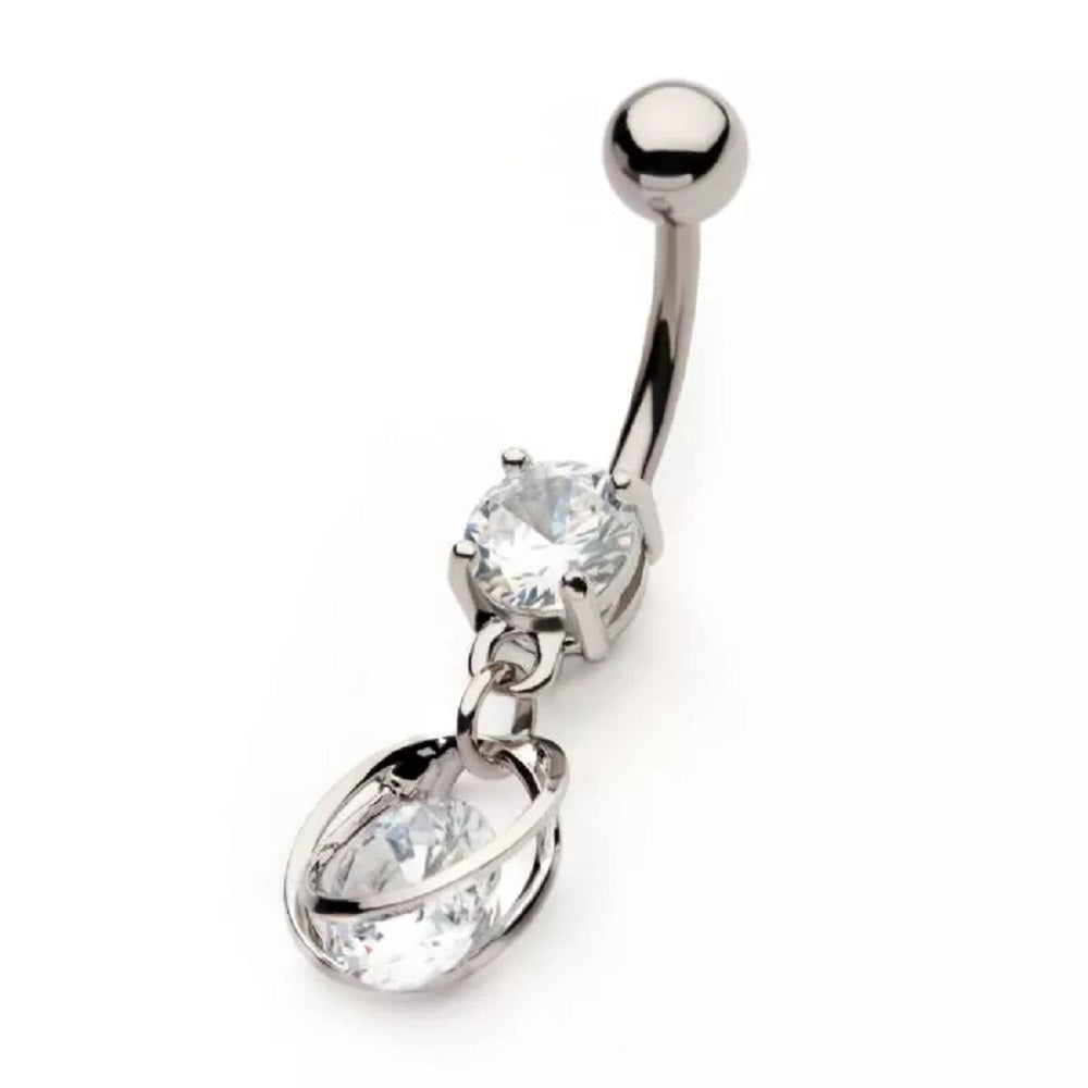 CZ Crystal with Intertwined Rings Dangling Belly Button Ring - 316L Stainless Steel