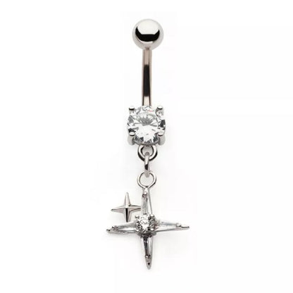 CZ Crystal Pointed Cross Dangling Belly Button Ring - 316L Stainless Steel