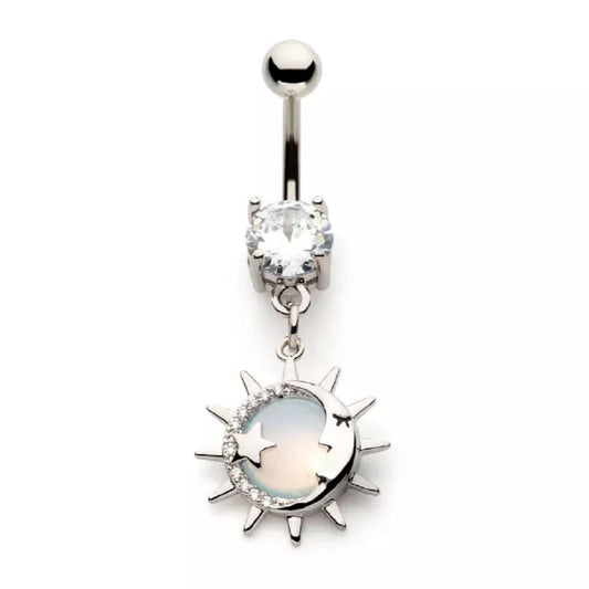 White Opalite Sun and Crescent Moon Dangling Belly Button Ring - 316L Stainless Steel