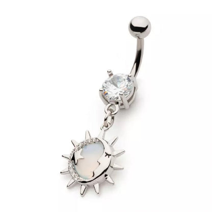 White Opalite Sun and Crescent Moon Dangling Belly Button Ring - 316L Stainless Steel