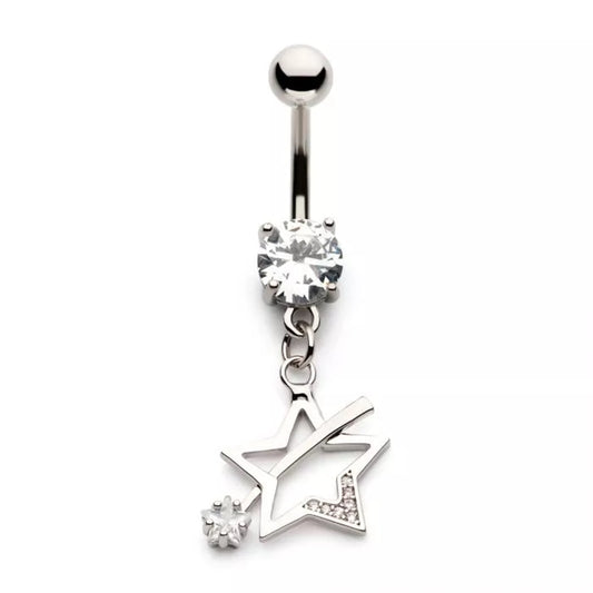 CZ Crystal Shooting Star Dangling Belly Button Ring - 316L Stainless Steel