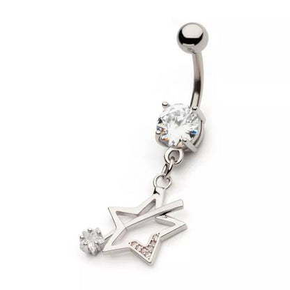 CZ Crystal Shooting Star Dangling Belly Button Ring - 316L Stainless Steel