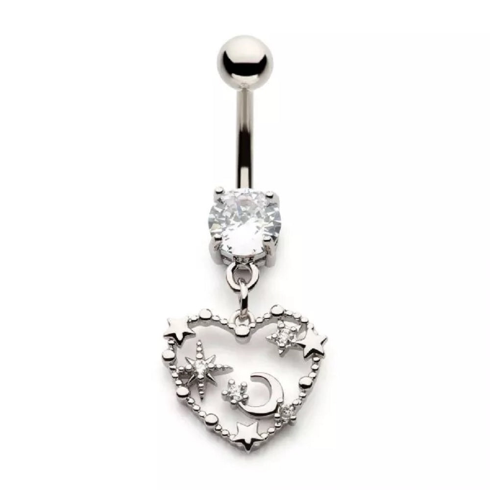 Heart Outline with Crescent Moon and Stars Dangling Belly Button Ring - 316L Stainless Steel