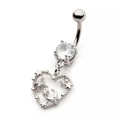 Heart Outline with Crescent Moon and Stars Dangling Belly Button Ring - 316L Stainless Steel