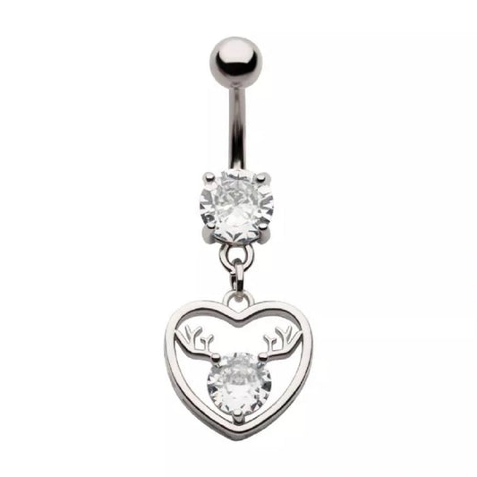 Heart Outline with CZ Crystal Antlers Dangling Belly Button Ring - 316L Stainless Steel