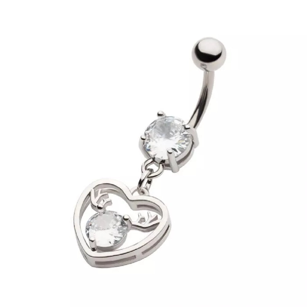 Heart Outline with CZ Crystal Antlers Dangling Belly Button Ring - 316L Stainless Steel