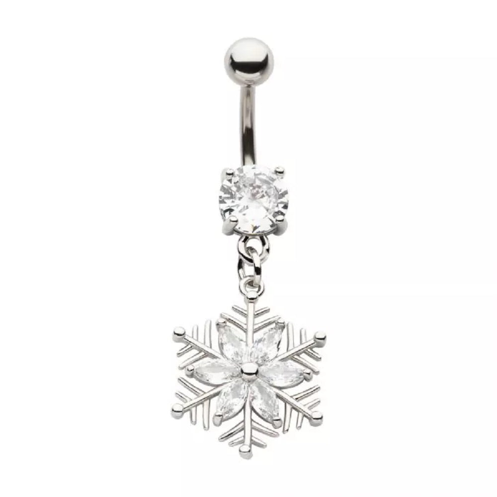 CZ Crystal Snowflake Dangling Belly Button Ring - 316L Stainless Steel