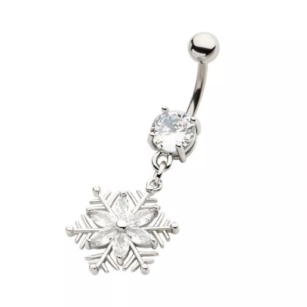 CZ Crystal Snowflake Dangling Belly Button Ring - 316L Stainless Steel