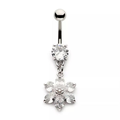 CZ Crystal Six Petal Flower Dangling Belly Button Ring - 316L Stainless Steel