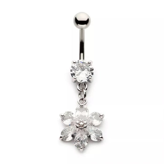 CZ Crystal Six Petal Flower Dangling Belly Button Ring - 316L Stainless Steel