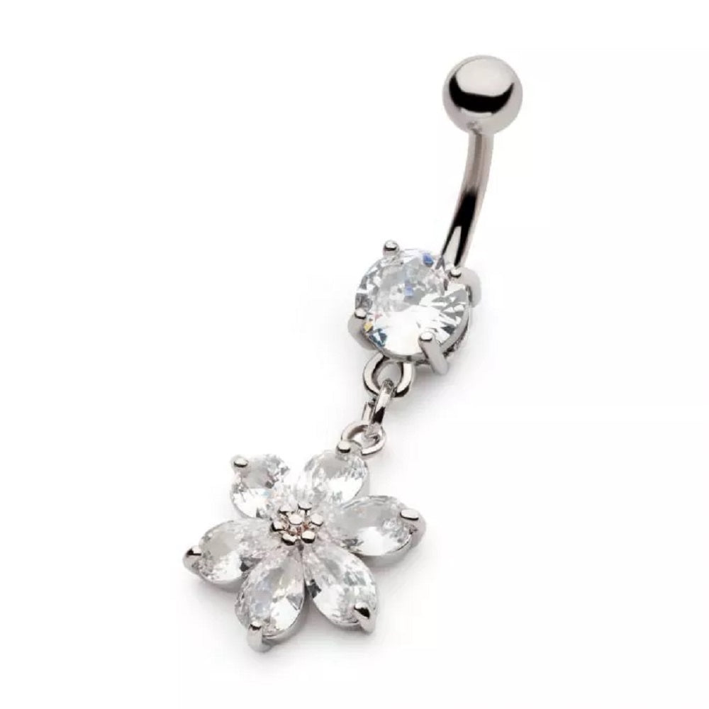 CZ Crystal Six Petal Flower Dangling Belly Button Ring - 316L Stainless Steel