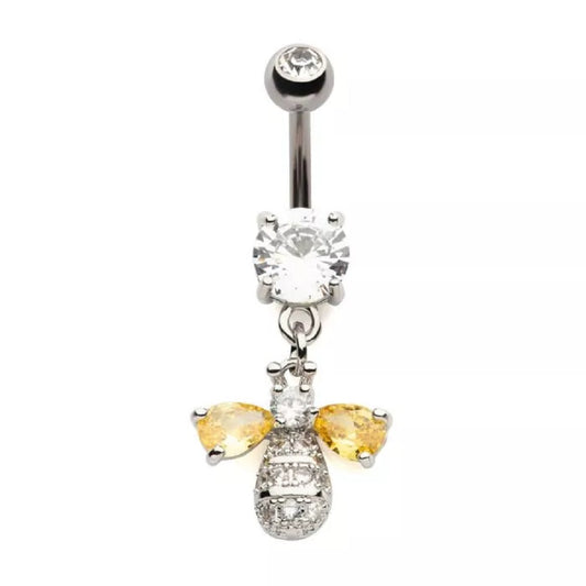 Bee with Yellow CZ Crystal Wings Dangling Belly Button Ring - 316L Stainless Steel