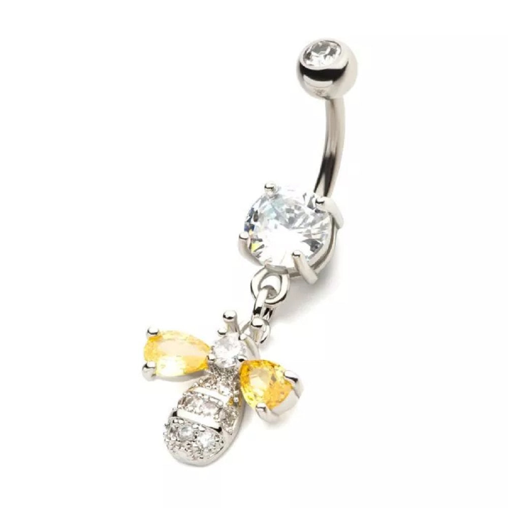 Bee with Yellow CZ Crystal Wings Dangling Belly Button Ring - 316L Stainless Steel