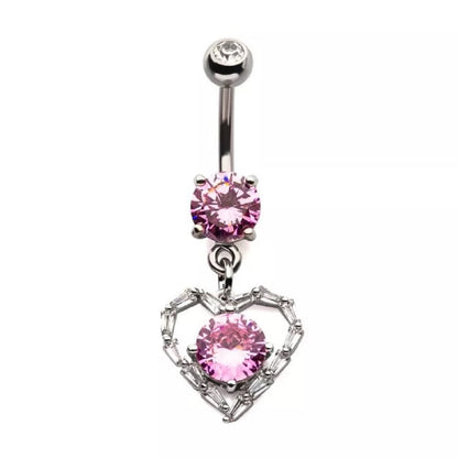 Pink CZ Crystal Heart Dangling Belly Button Ring - 316L Stainless Steel